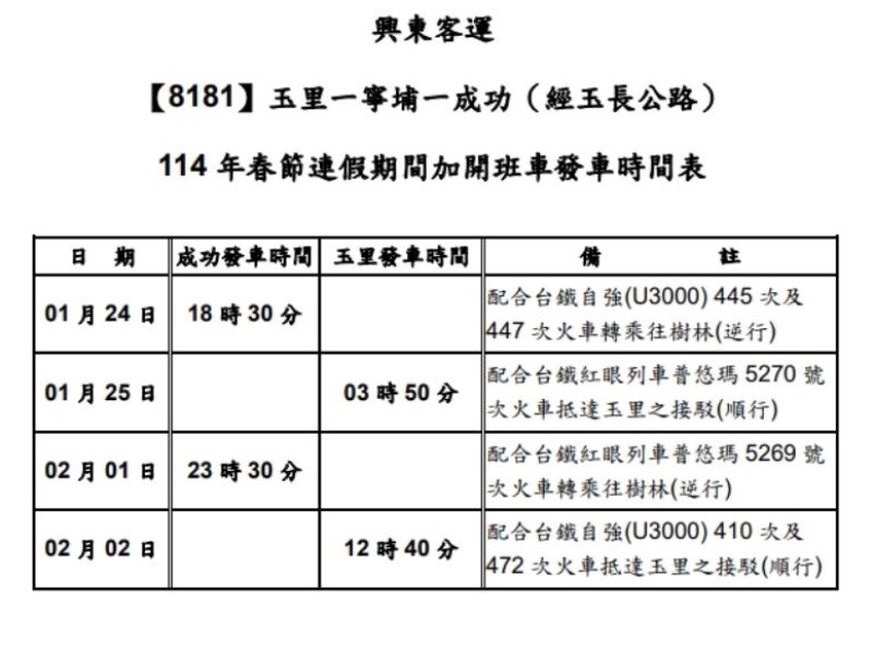 興東客運配合台鐵列車春節疏運班次出爐