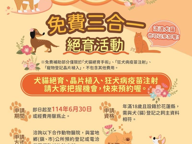 花蓮縣今年上半年度犬貓三合一絕育活動開始