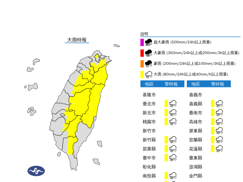 氣象署發布大雨特報 宜花南投及西部山區慎防強降雨、雷擊與溪水暴漲