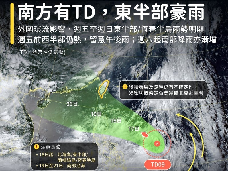 南方熱帶低氣壓「路徑、強度仍不確定」! 東半部恐豪雨 請提前防範雨勢
