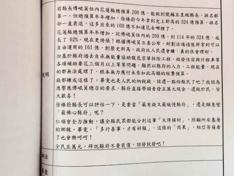 議員提案要「普發現金5萬元」花蓮縣議會「照案通過」縣府: 無法評論