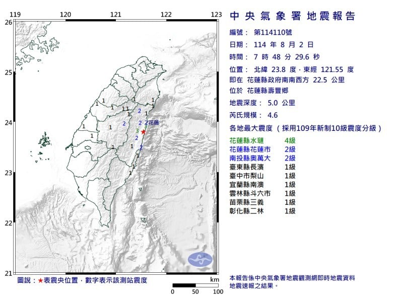 花蓮縣壽豐鄉接連兩起極淺層地震