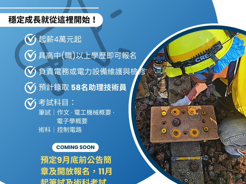 起薪四萬！臺鐵招募助理技術員，歡迎踴躍報考