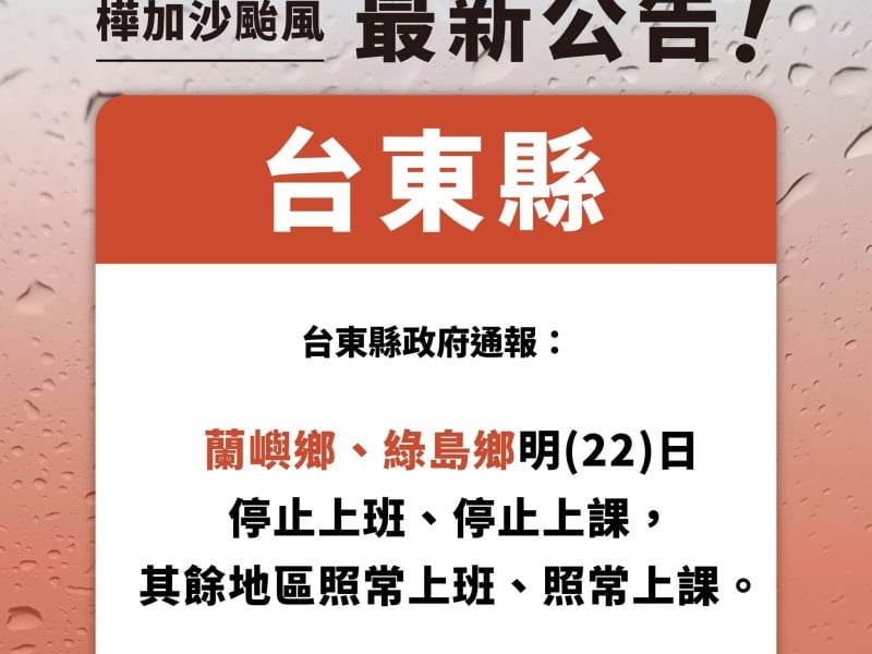 強颱樺加沙影響 台東縣蘭嶼、綠島地區明(22)日全天停班課 其餘地區正常班課