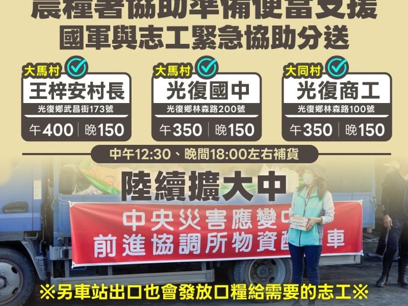 明(29)日起中午、晚間「3定點發放便當」!  農糧署 : 讓第一線救災人員、志工們 有足夠體力