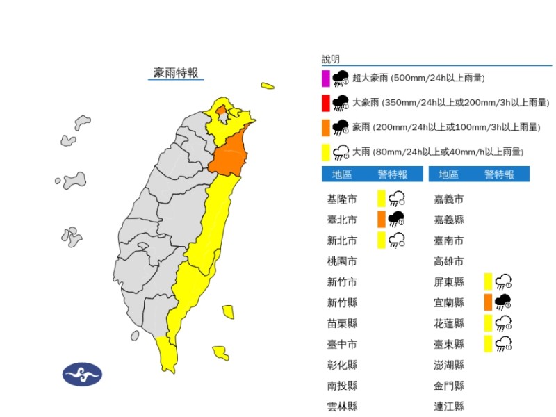 鳳凰颱風外圍環流挾東北季風　氣象署發布豪雨特報 宜蘭、北北基及花東地區慎防坍方、土石流與溪水暴漲