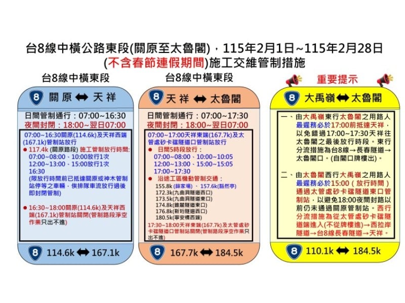 中橫大禹嶺至太魯閣2月及春節連假交管措施出爐