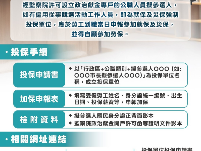 擬參選人僱用勞工應參加「就保、災保」得自願參加「勞保」