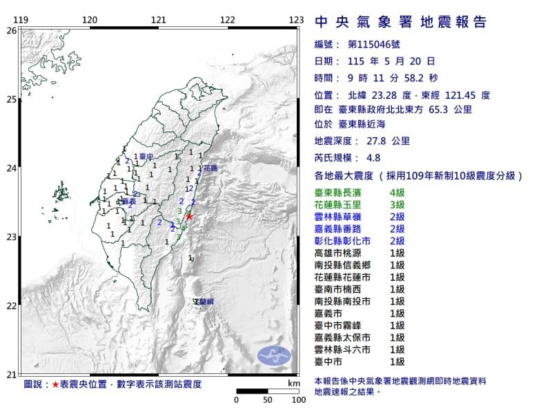 台東長濱近海發生芮氏規模4.8地震