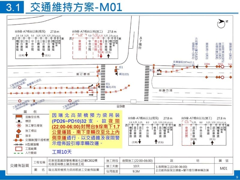 台9線「瑞北路段」雙軌電氣施工夜間交通管制 延長至6/30清晨6時止