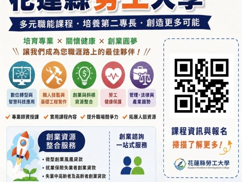 花蓮縣勞工大學規劃5大類、16系列、共100場次免費實務課程烈報名中