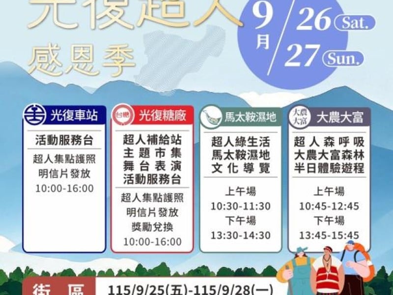 超人再集合！「光復超人感恩季」9/26暖心登場 50家補給站、集點護照換好禮、濕地森林體驗 中秋連假相約回光復